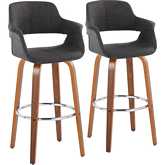 Vintage Flair 30" Swivel Bar Stool in Walnut Wood & Charcoal Fabric with Chrome Footrest (Set of 2)